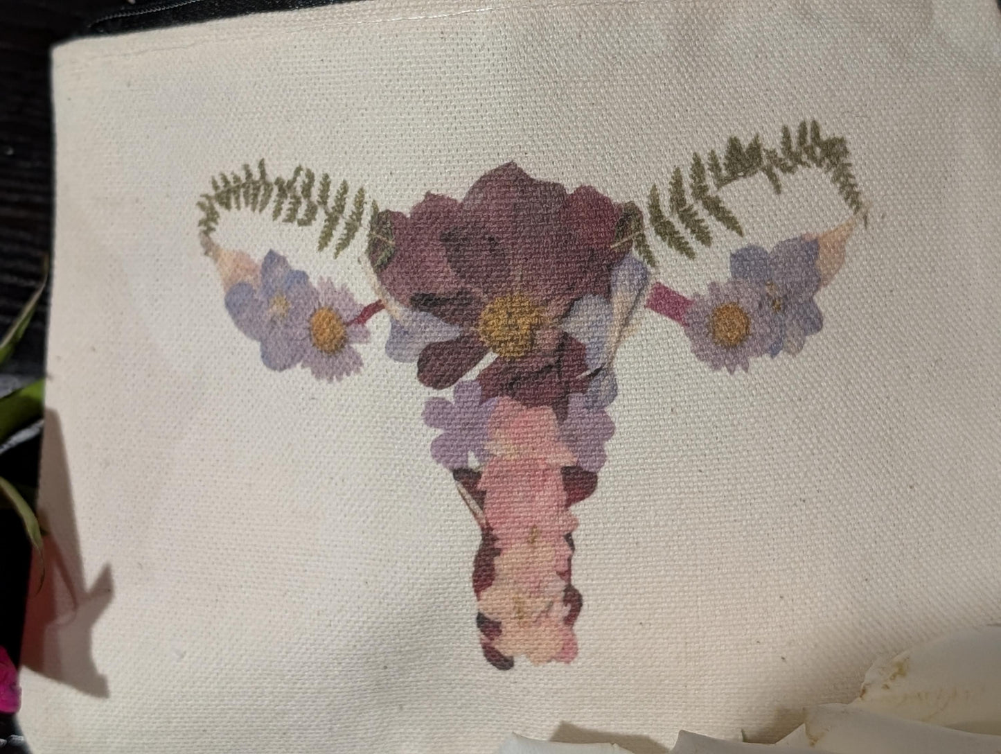 Uterus Canvas Zipper Pouch – Pressed Flower Reproductive Health Design – Feminist Gift, Period Pouch, Makeup Bag, Cosmetic Organizer