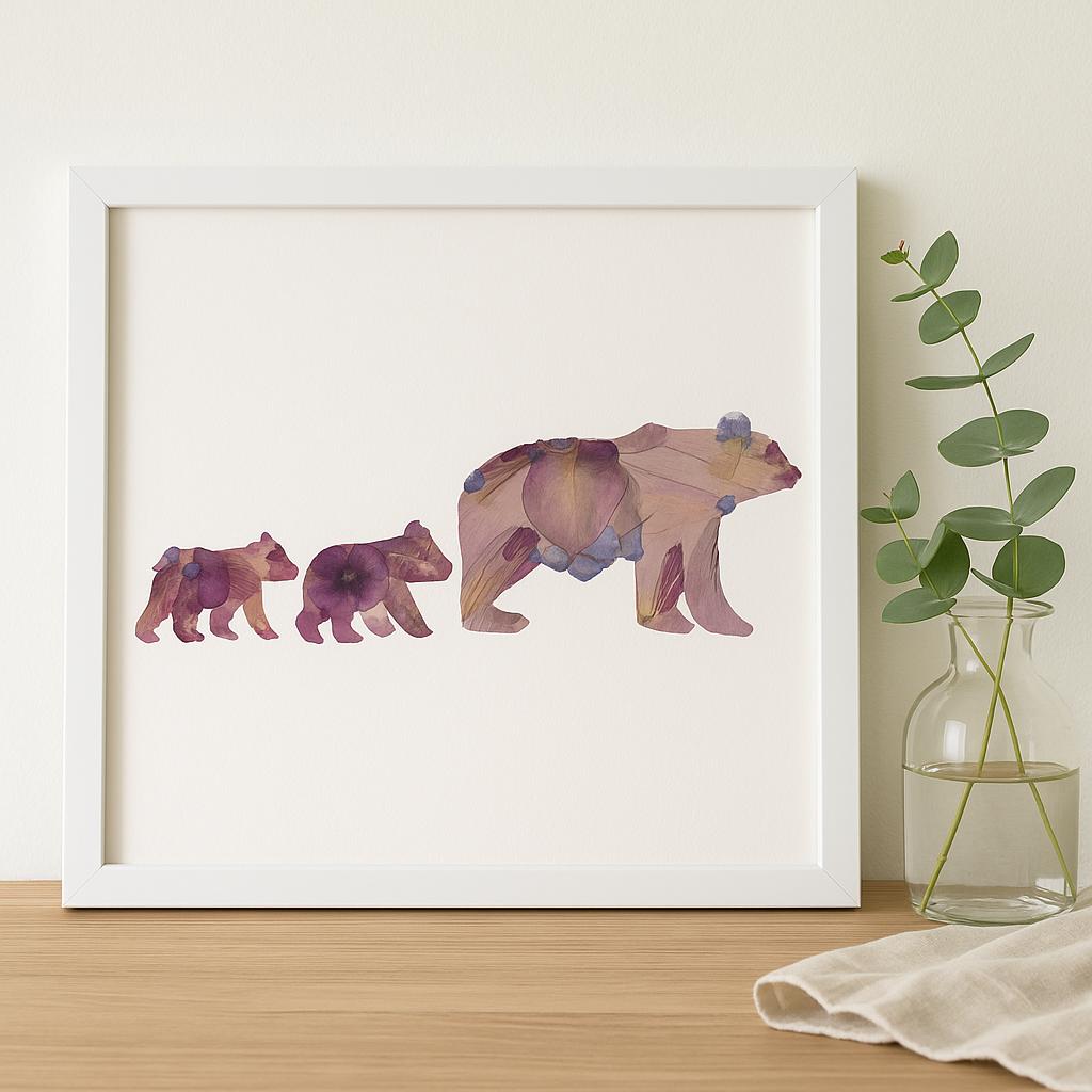 Mama Bear and Cubs Pressed Flower Art Print – Botanical Wall Art – Mother’s Day Gift – Nature-Inspired Home Decor