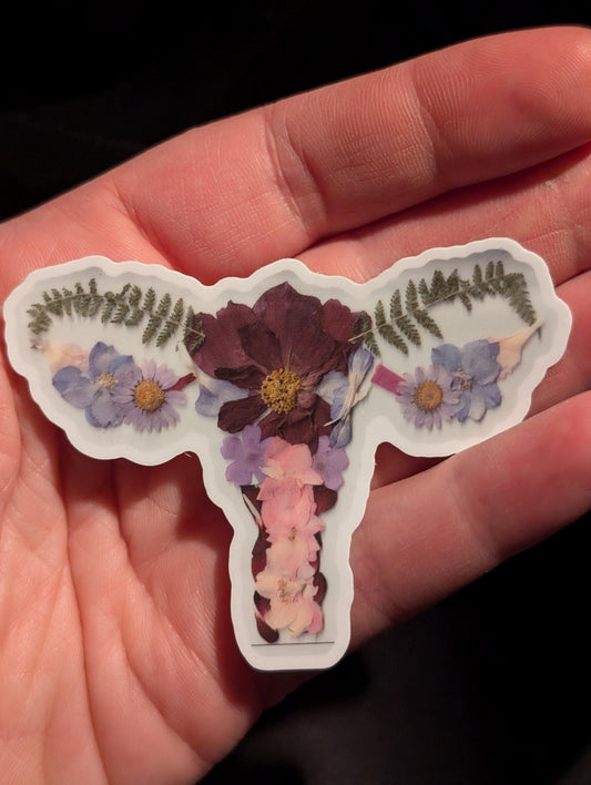 Pressed Flower Uterus Sticker - Print of Original Artwork with Vibrant Flowers Celebrating Feminine Strength