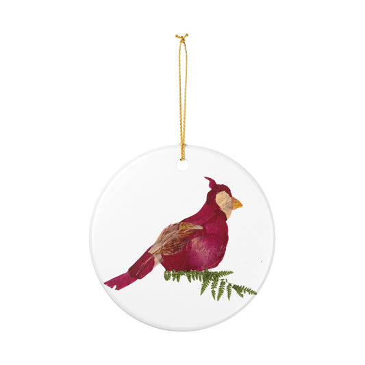 Cardinal Ceramic Ornament — Botanical Pressed Flower Bird Christmas Decoration