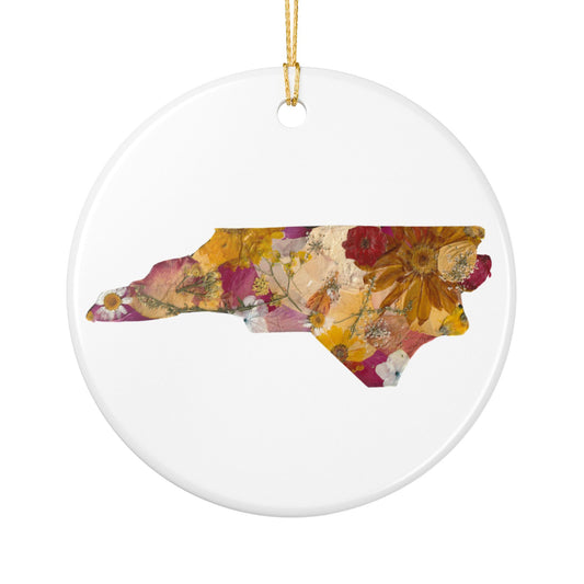 North Carolina Floral Ceramic Ornament — State Silhouette Holiday Ornament
