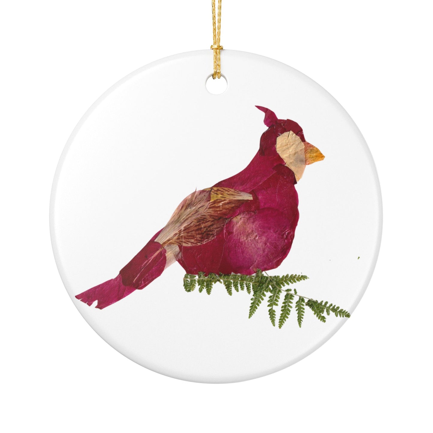 Cardinal Ceramic Ornament — Botanical Pressed Flower Bird Christmas Decoration