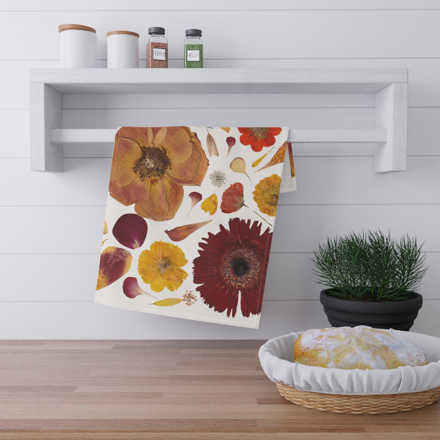 Autumn Pressed Flowers Tea Towel — Rustic Fall Floral Kitchen Linen