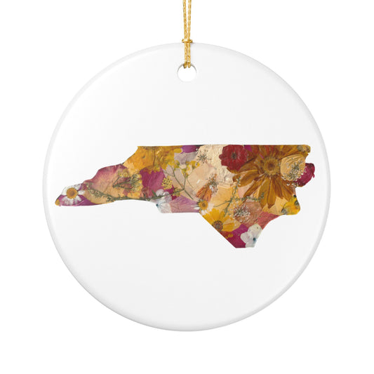 North Carolina Floral Ceramic Ornament — State Silhouette Holiday Ornament