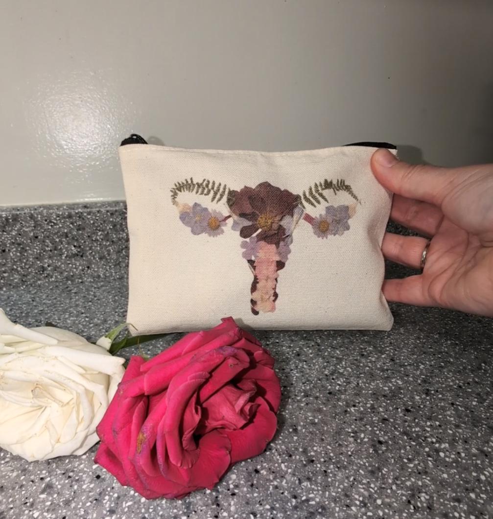 Uterus Canvas Zipper Pouch – Pressed Flower Reproductive Health Design – Feminist Gift, Period Pouch, Makeup Bag, Cosmetic Organizer