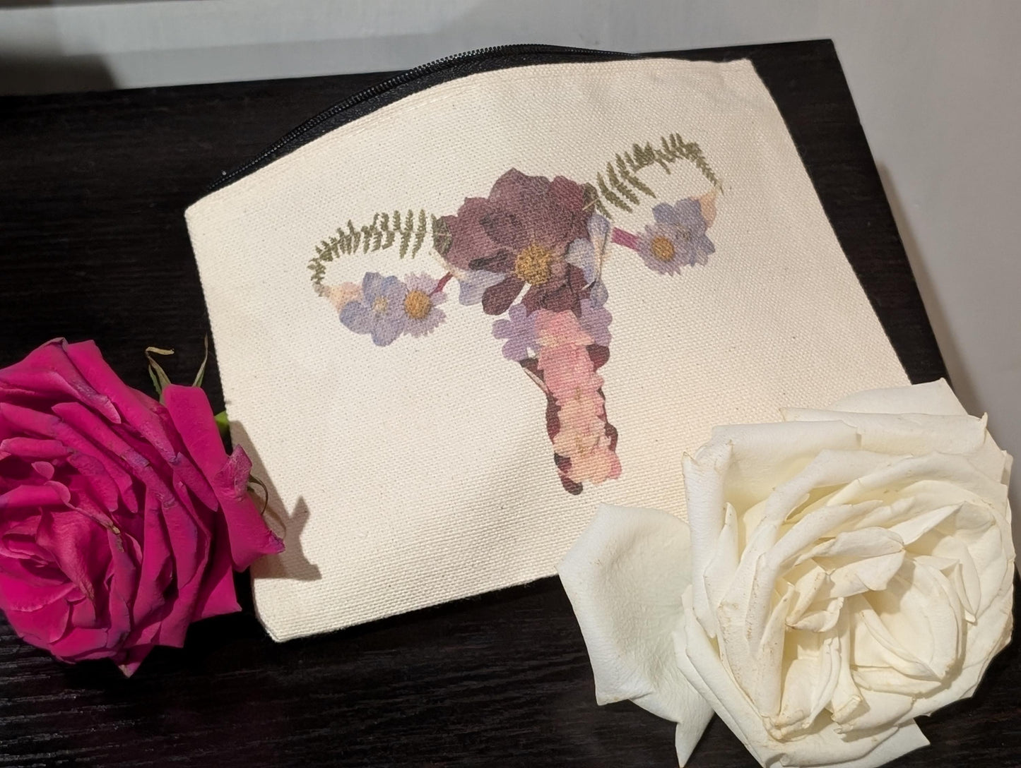 Uterus Canvas Zipper Pouch – Pressed Flower Reproductive Health Design – Feminist Gift, Period Pouch, Makeup Bag, Cosmetic Organizer