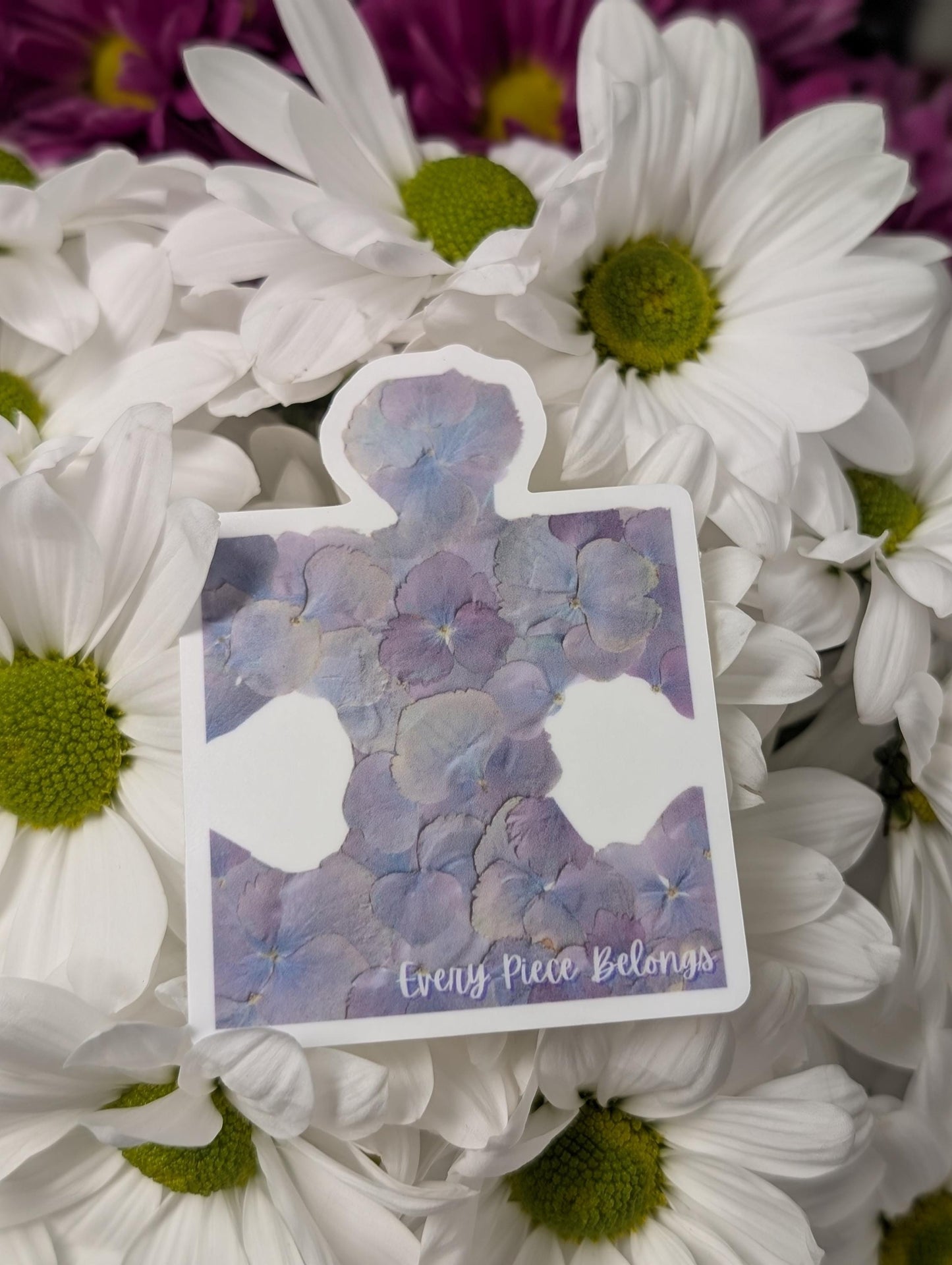 Every Piece Belongs Autism Awareness Puzzle Sticker – Hydrangea Flower Print Design