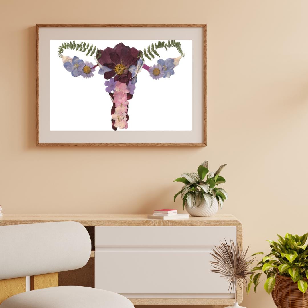 Pressed Flower Uterus Wall Art Print - Feminine Botanical Anatomy Decor