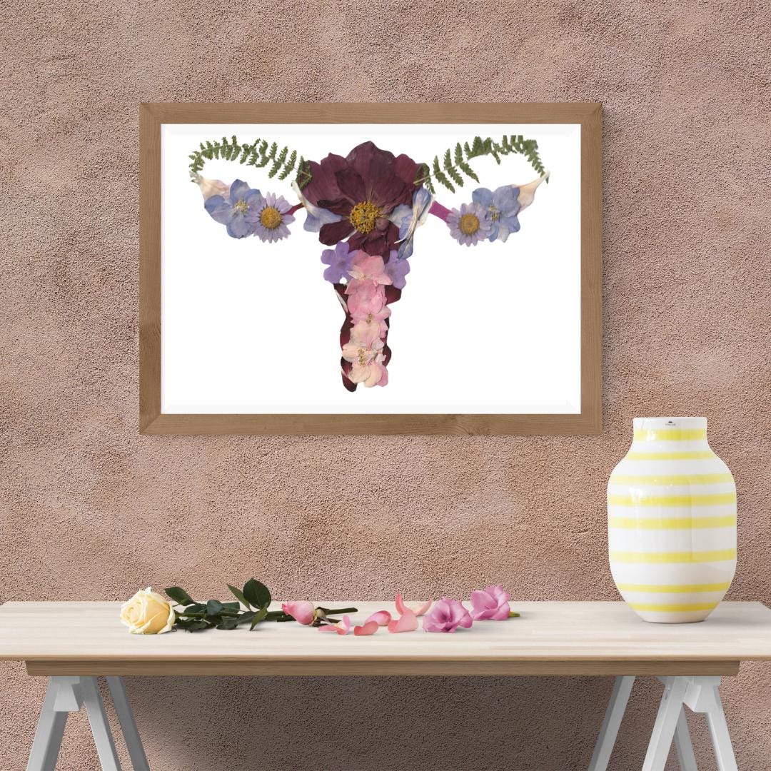 Pressed Flower Uterus Wall Art Print - Feminine Botanical Anatomy Decor